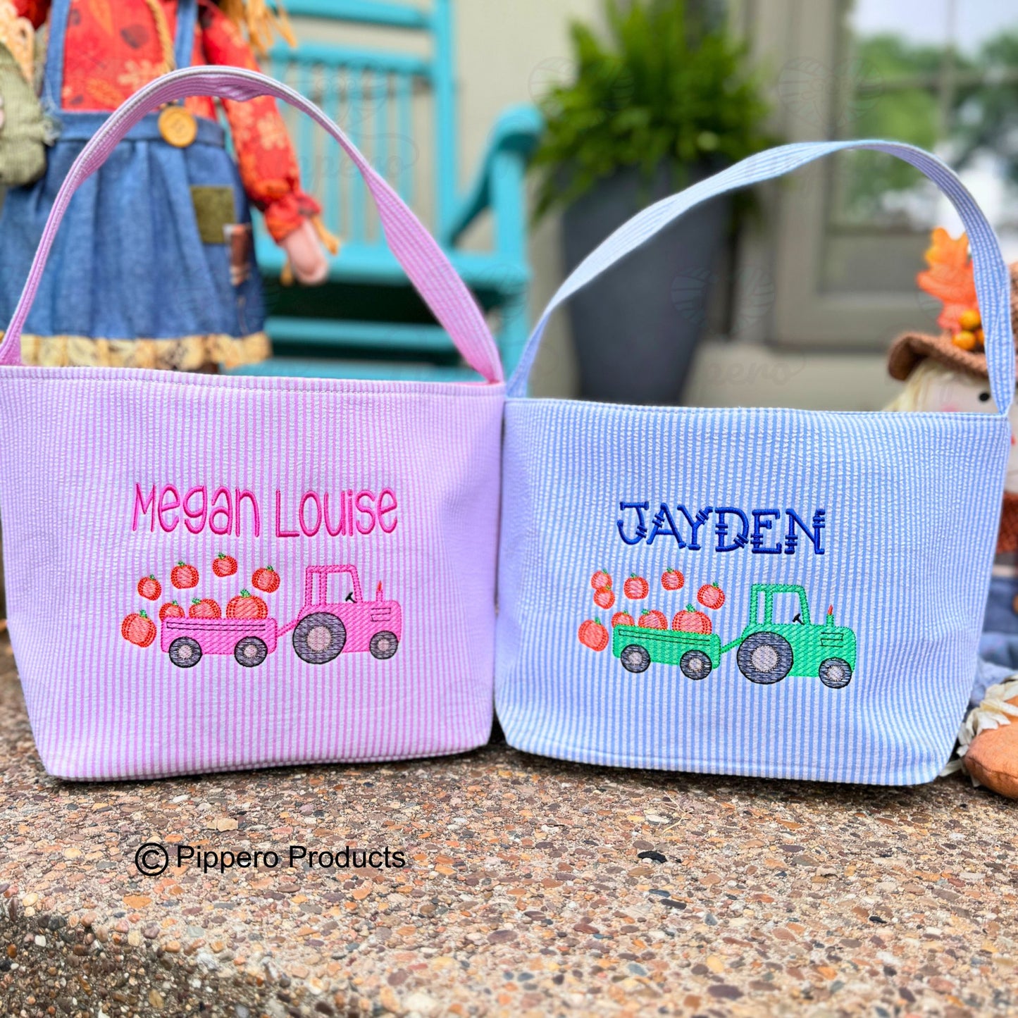 Personalized Embroidered Trick or Treat, Trunk or Treat Halloween Candy Bag Basket Bucket Tote with Seersucker Tractor Design Gift for Boy or Girl