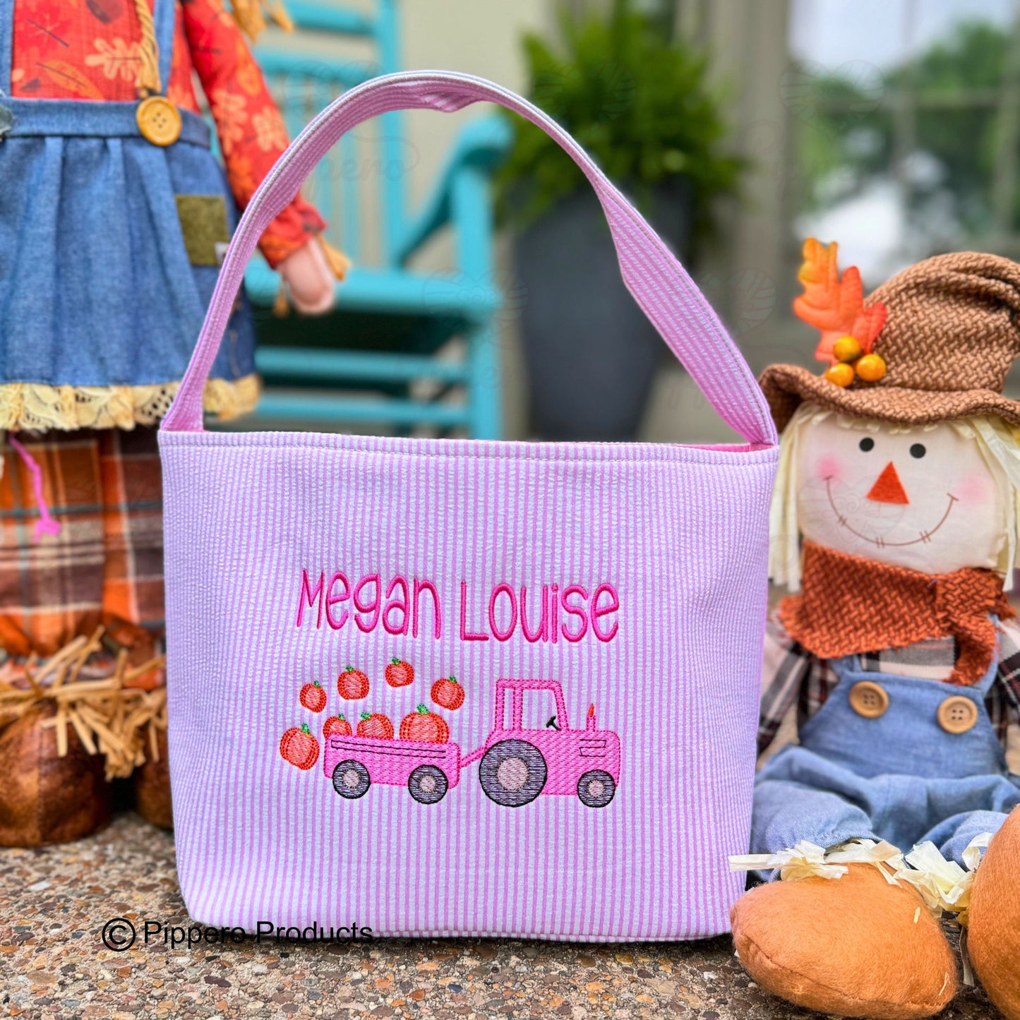 Personalized Embroidered Trick or Treat, Trunk or Treat Halloween Candy Bag Basket Bucket Tote with Seersucker Tractor Design Gift for Boy or Girl