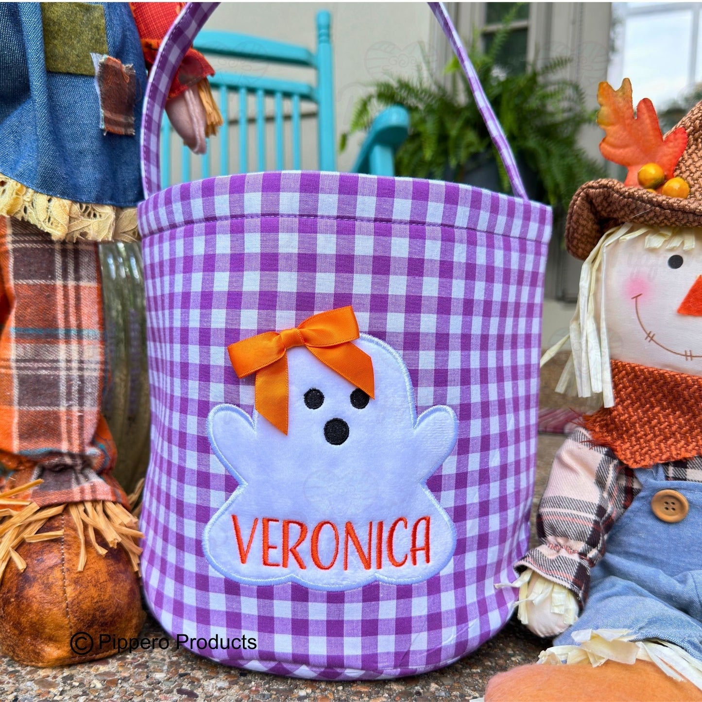 Personalized Embroidered Kid's Trick or Treat Halloween Candy Bag Basket Bucket Tote with Custom Gingham Ghost Appliqué Characters