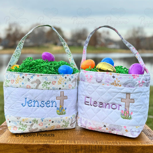 Religious Cross Quilted Personalized Embroidered Easter Egg Candy Basket