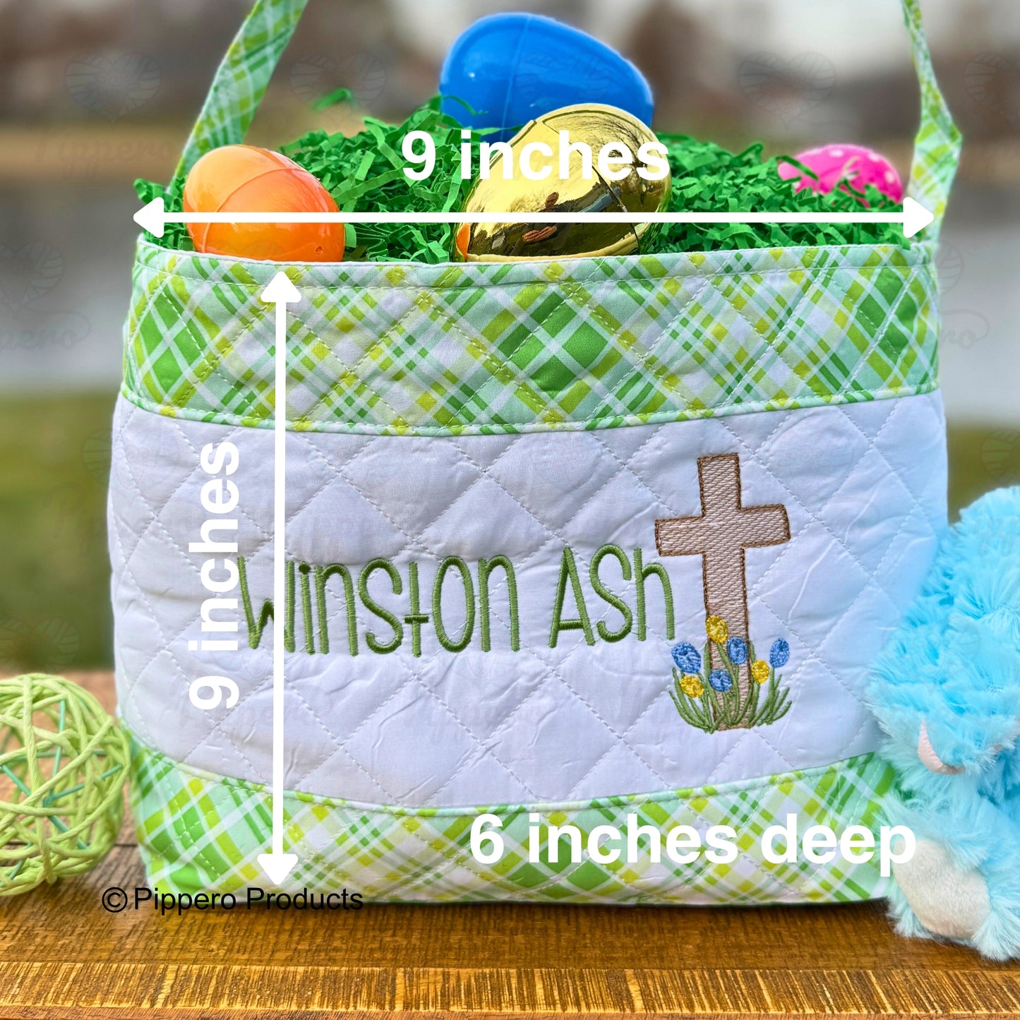 Religious Cross Quilted Personalized Embroidered Easter Egg Candy Basket