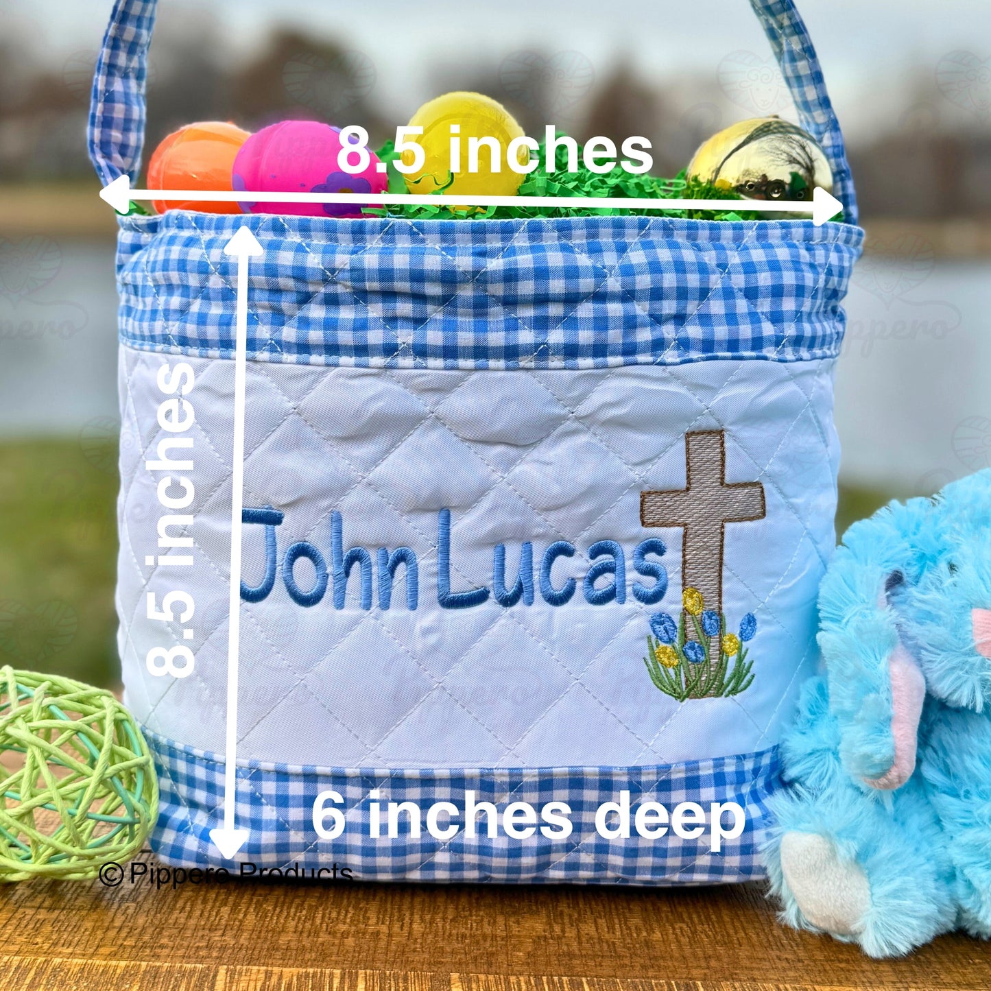 Religious Cross Quilted Personalized Embroidered Easter Egg Candy Basket