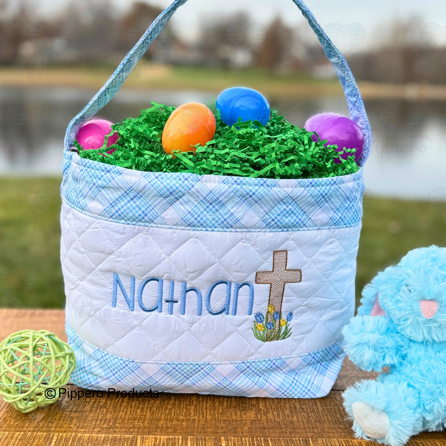 Religious Cross Quilted Personalized Embroidered Easter Egg Candy Basket