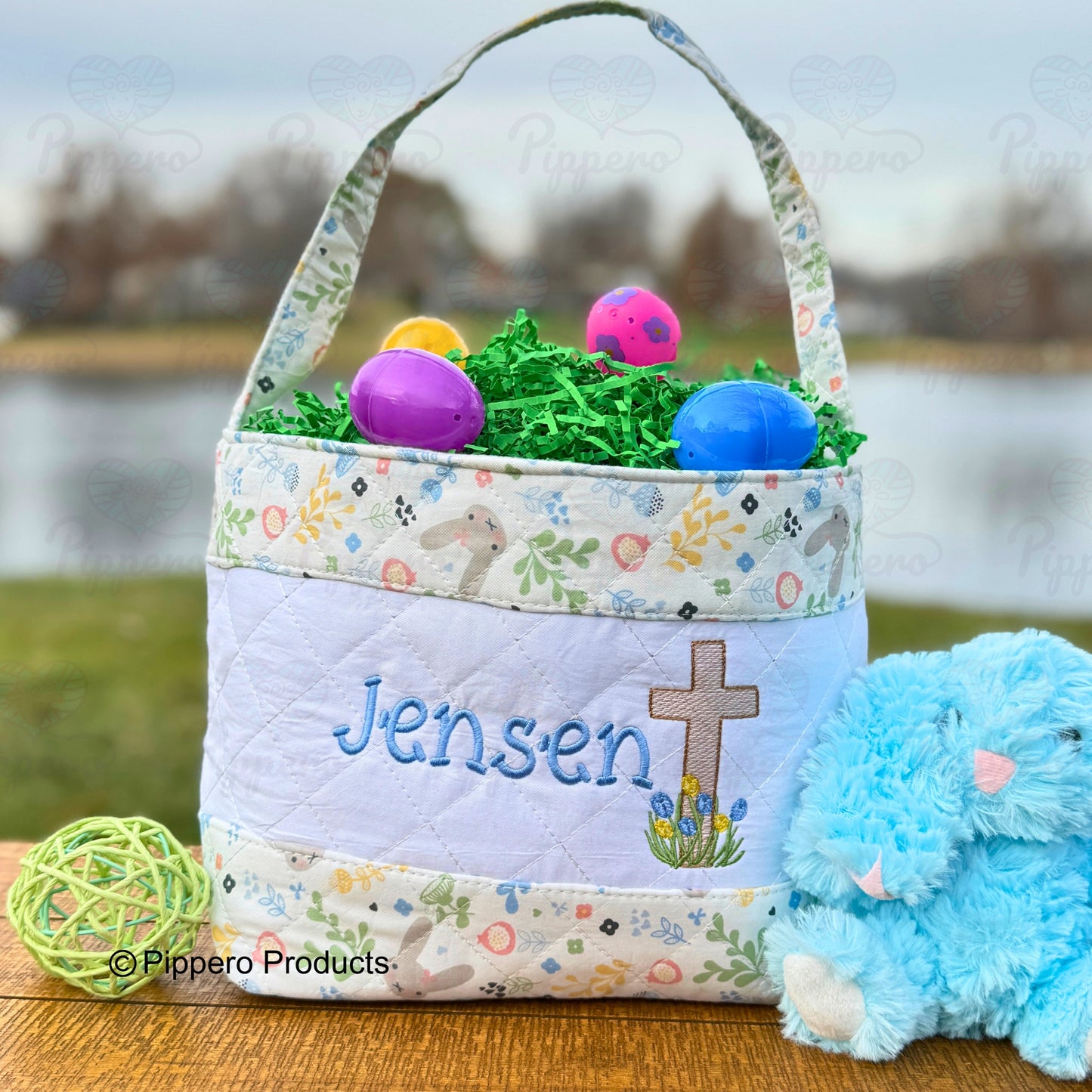 Religious Cross Quilted Personalized Embroidered Easter Egg Candy Basket