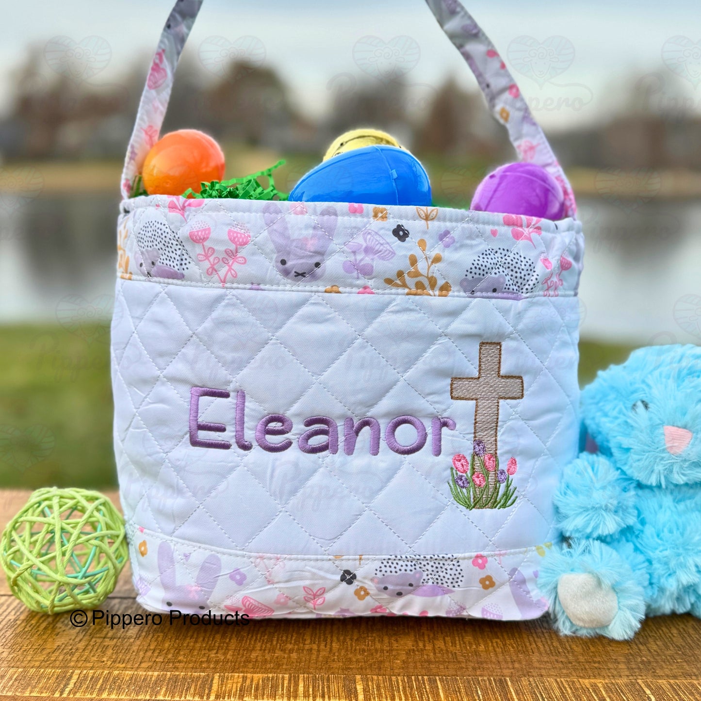 Religious Cross Quilted Personalized Embroidered Easter Egg Candy Basket