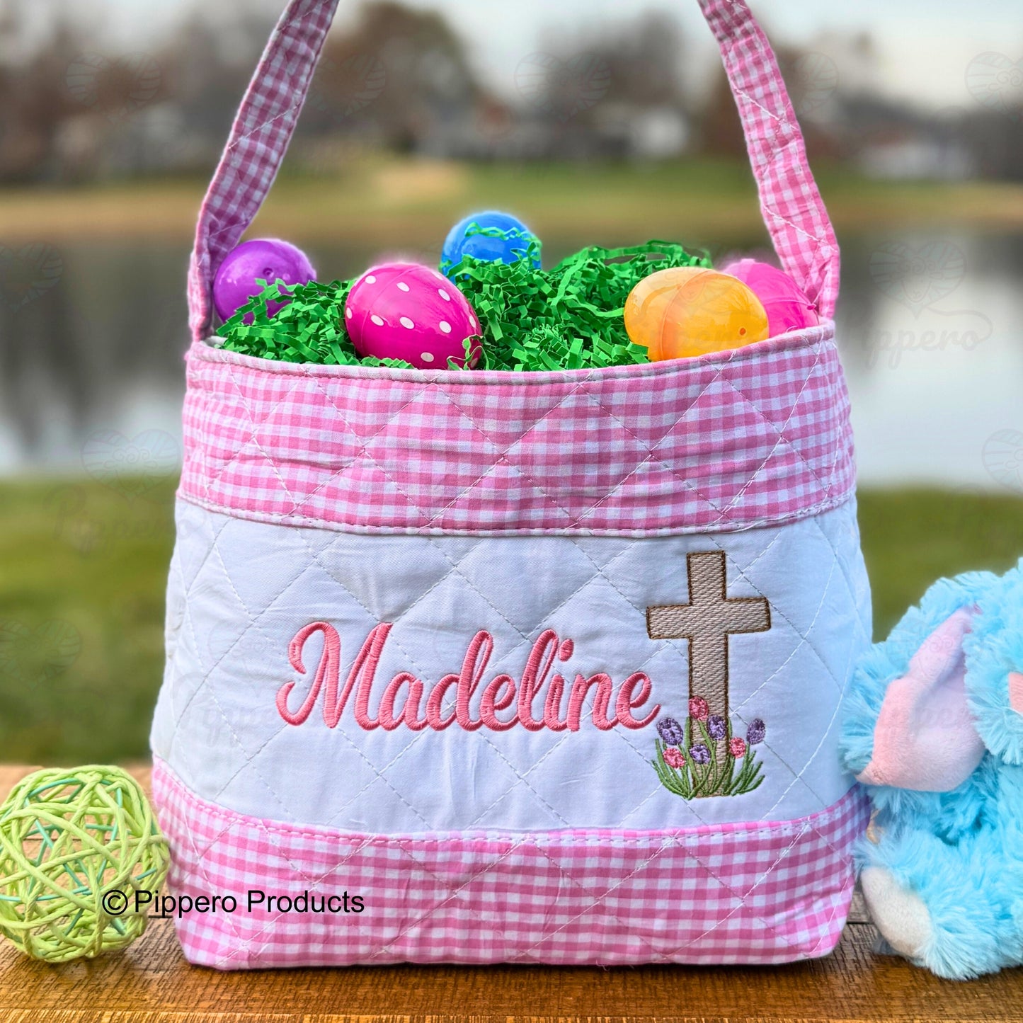 Religious Cross Quilted Personalized Embroidered Easter Egg Candy Basket