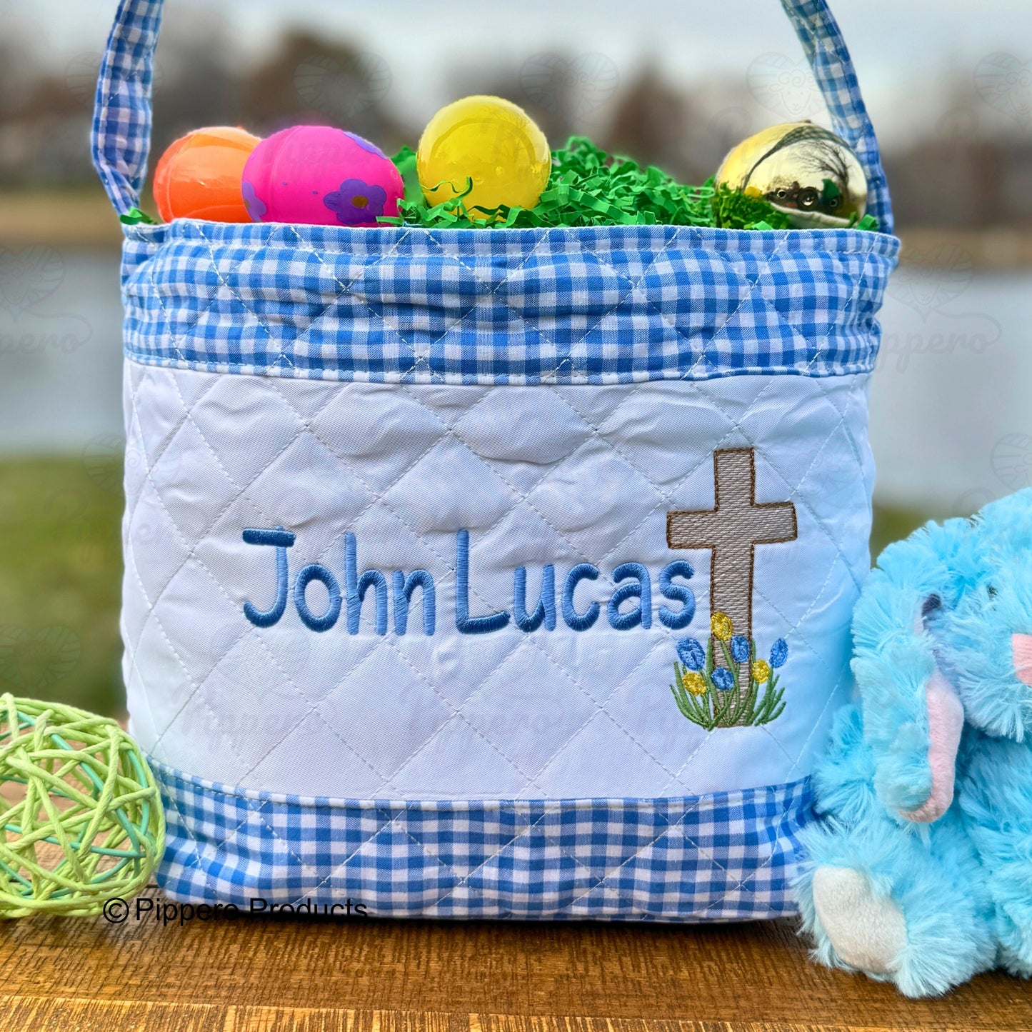 Religious Cross Quilted Personalized Embroidered Easter Egg Candy Basket