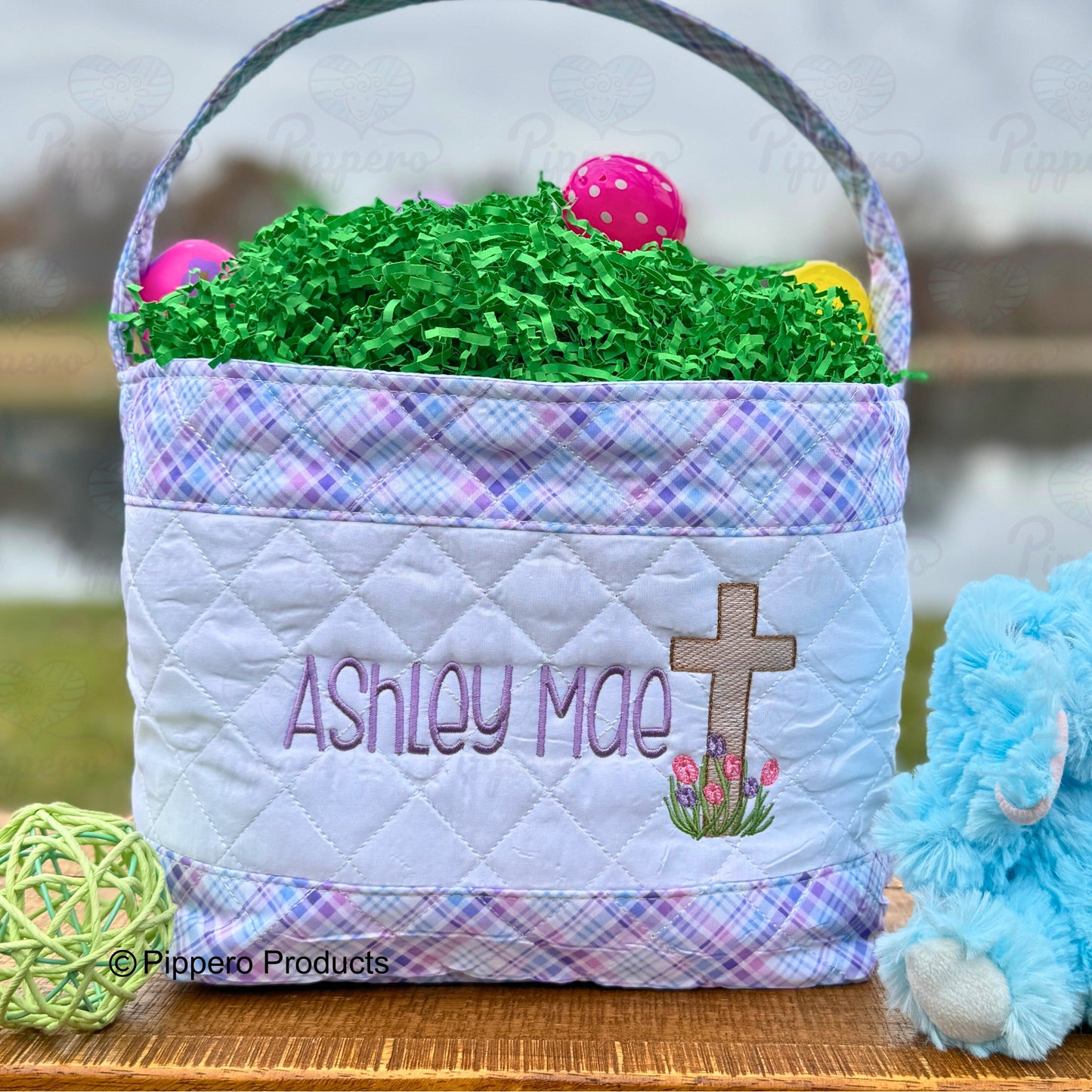 Religious Cross Quilted Personalized Embroidered Easter Egg Candy Basket