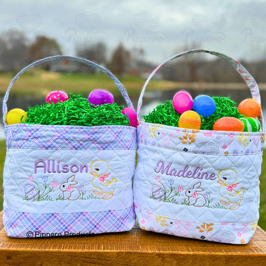 Personalized Embroidered Girl's Easter Egg Candy Basket with Quilted Egg Bunny Chick design