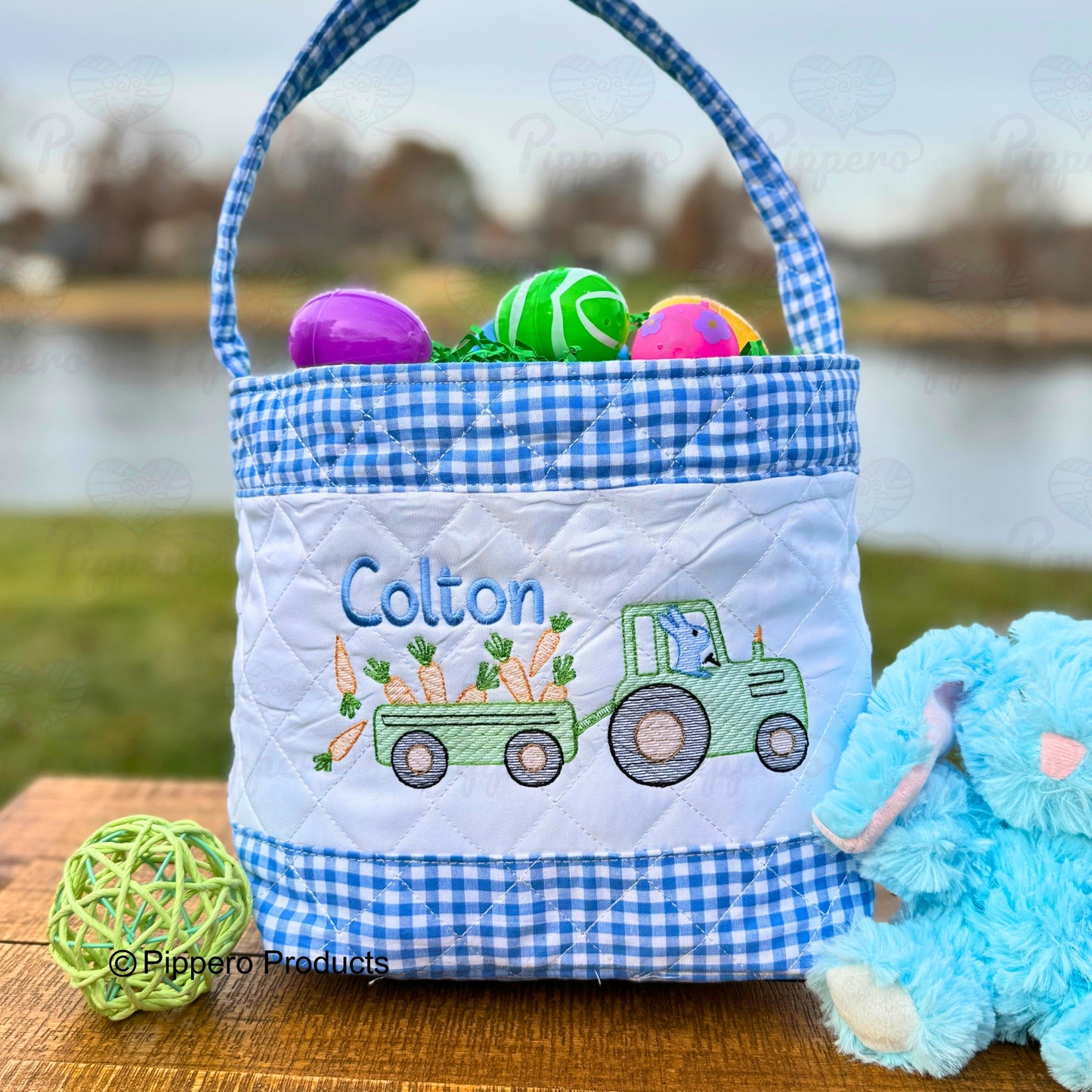 Personalized Embroidered Boy's Easter Egg Candy Basket with Tractor design