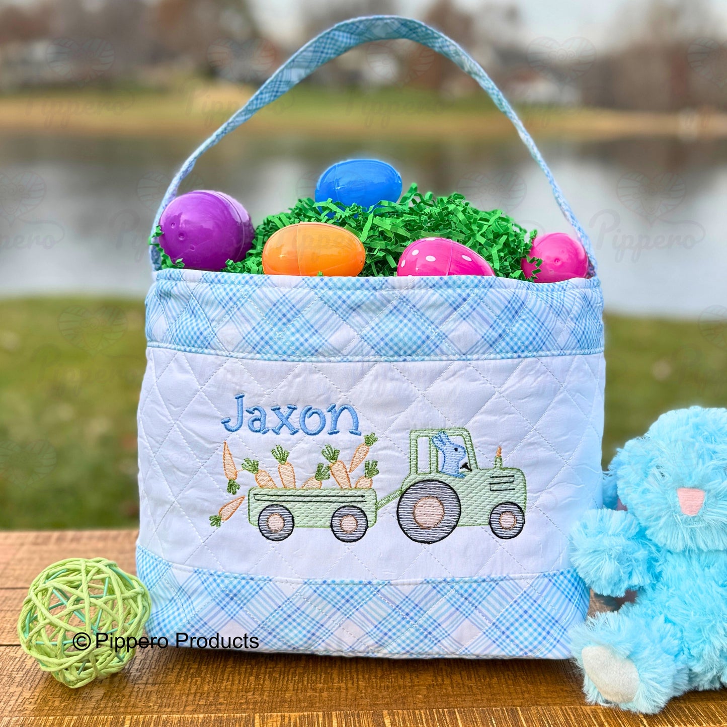 Personalized Embroidered Boy's Easter Egg Candy Basket with Tractor design