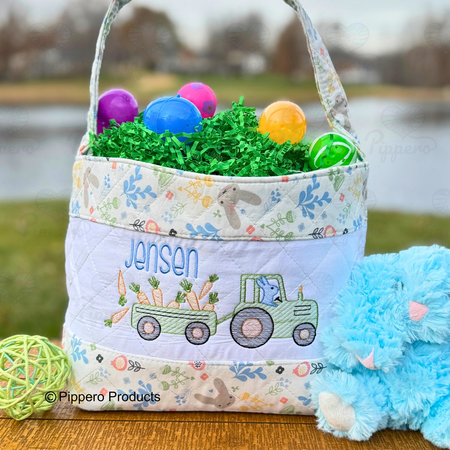 Personalized Embroidered Boy's Easter Egg Candy Basket with Tractor design