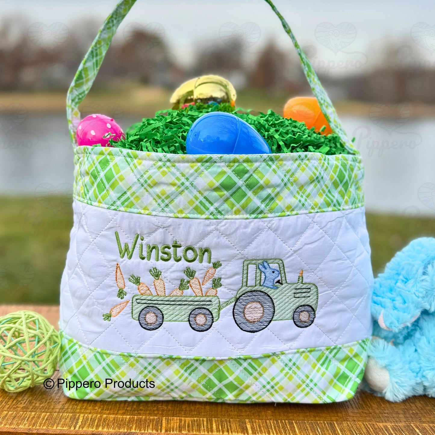 Personalized Embroidered Boy's Easter Egg Candy Basket with Tractor design