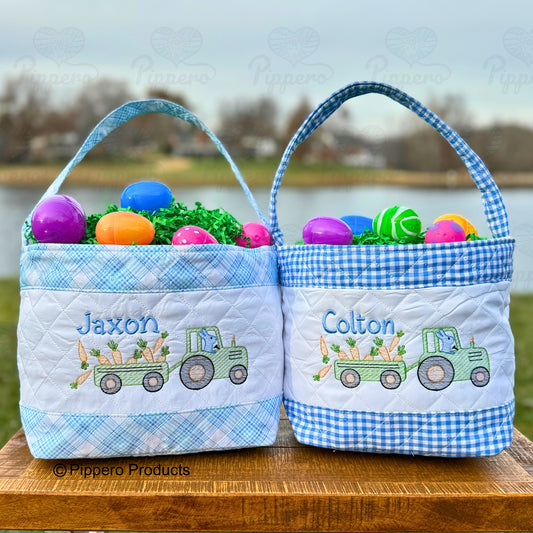 Personalized Embroidered Boy's Easter Egg Candy Basket with Tractor design