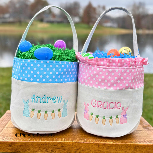 Personalized Bunny with Carrots Design Embroidered Kid's Easter Egg Candy Basket