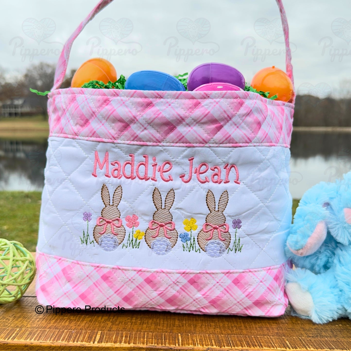 Personalized Embroidered Kid's Easter Egg Candy Basket with 3 Bunny tail design