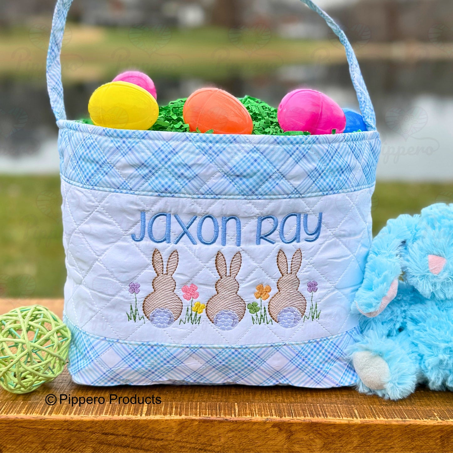 Personalized Embroidered Kid's Easter Egg Candy Basket with 3 Bunny tail design