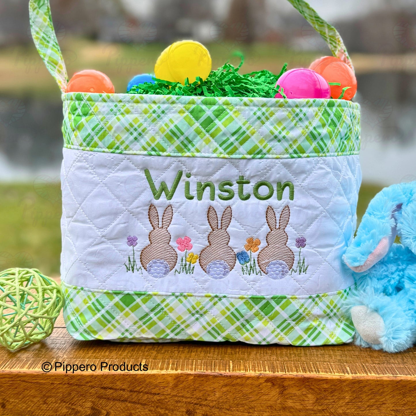 Personalized Embroidered Kid's Easter Egg Candy Basket with 3 Bunny tail design