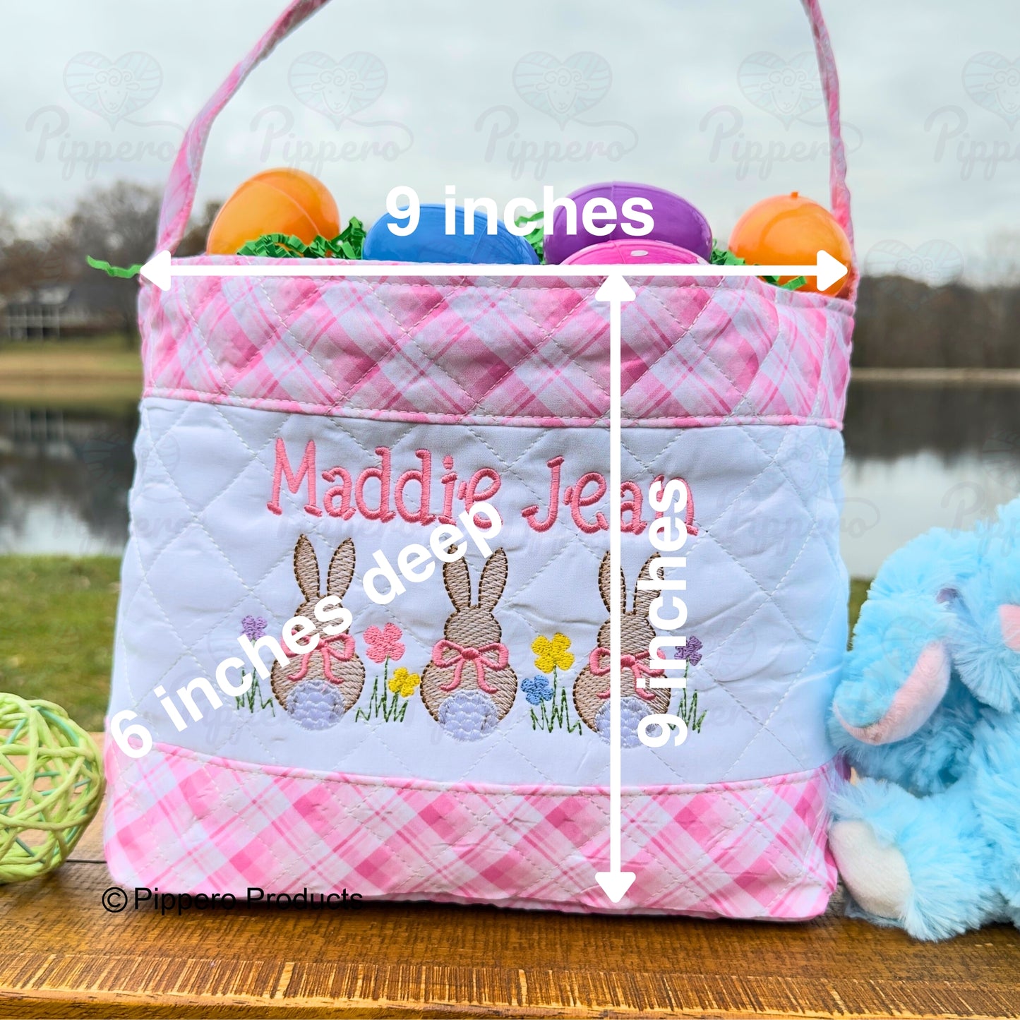 Personalized Embroidered Kid's Easter Egg Candy Basket with 3 Bunny tail design