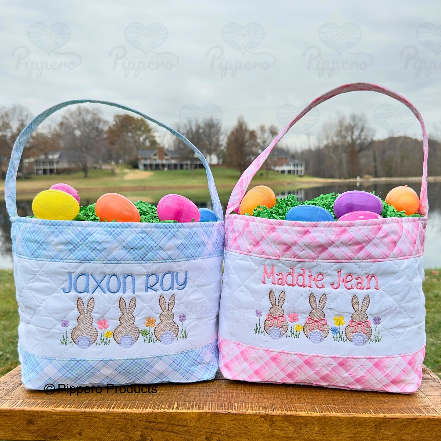 Personalized Embroidered Kid's Easter Egg Candy Basket with 3 Bunny tail design