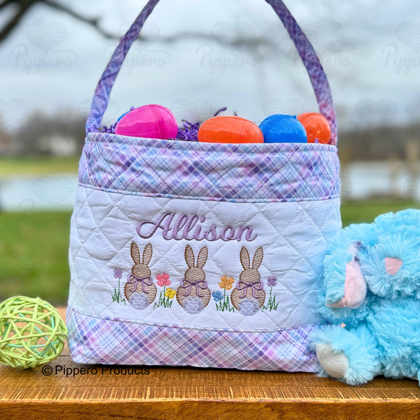 Personalized Embroidered Kid's Easter Egg Candy Basket with 3 Bunny tail design