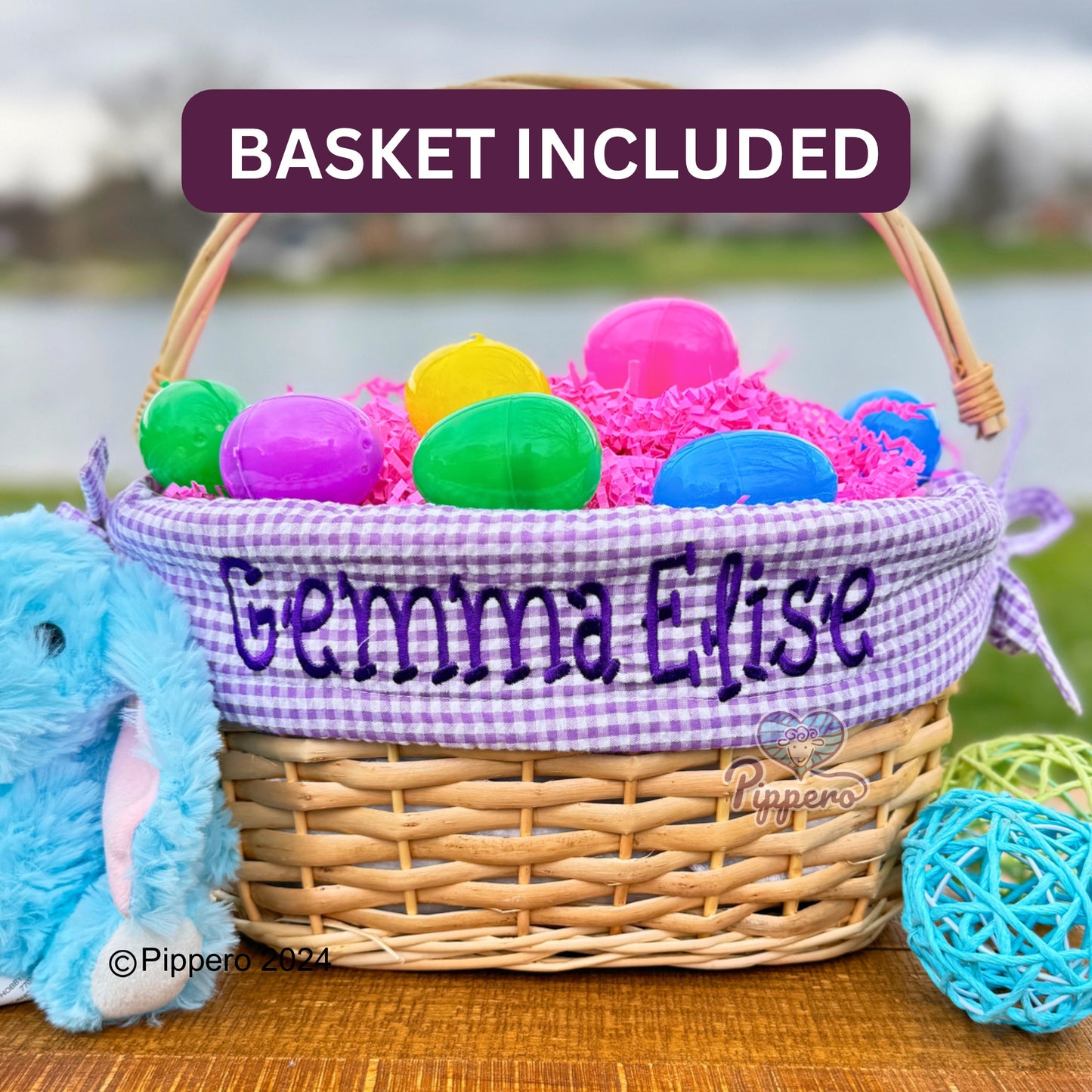 Personalized Embroidered Wicker Easter Candy Egg Basket with Gingham Liner