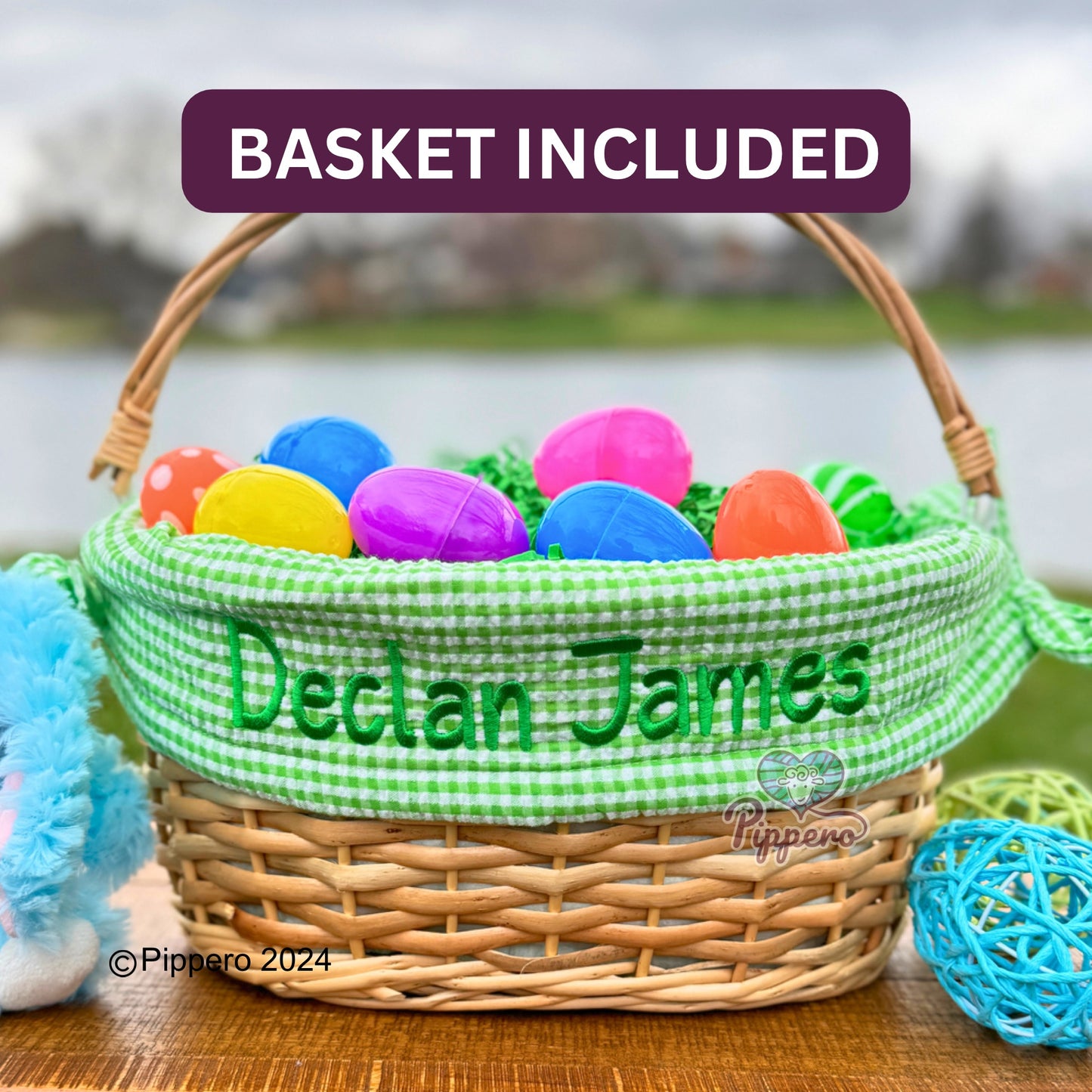 Personalized Embroidered Wicker Easter Candy Egg Basket with Gingham Liner