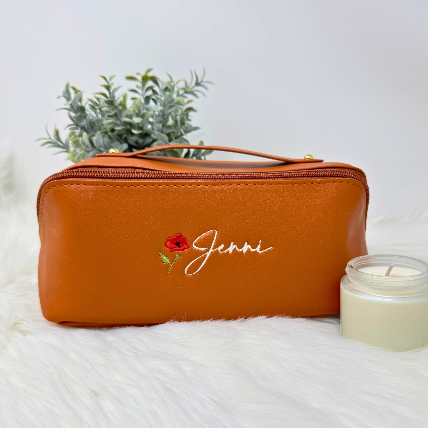Personalized Vegan Leather Makeup Bag with Embroidered Name and Birth Month Flower