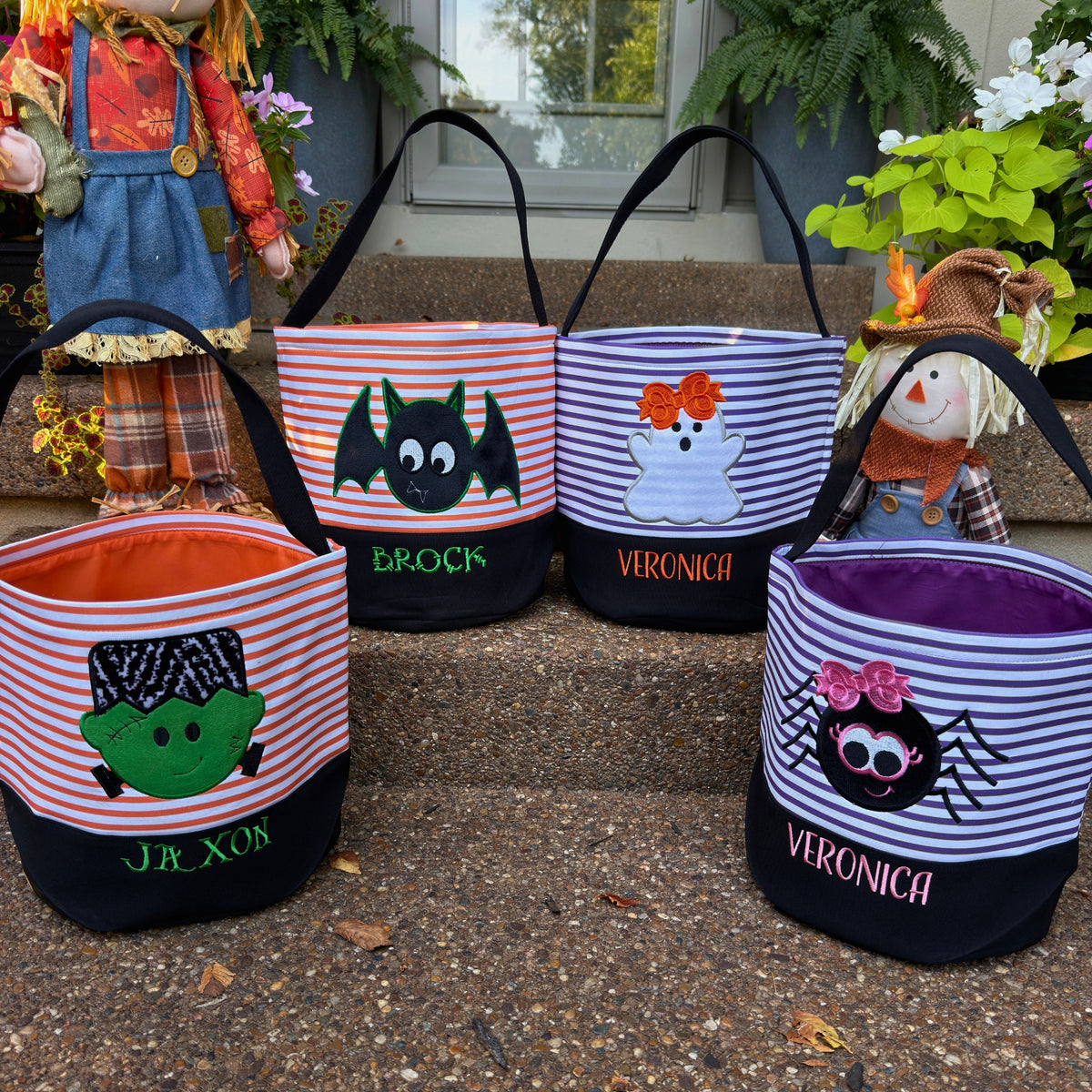 Personalized Embroidered Halloween Treat Basket with Striped Character Designs