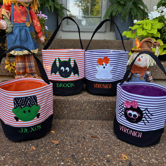 Personalized Embroidered Halloween Treat Basket with Striped Character Designs