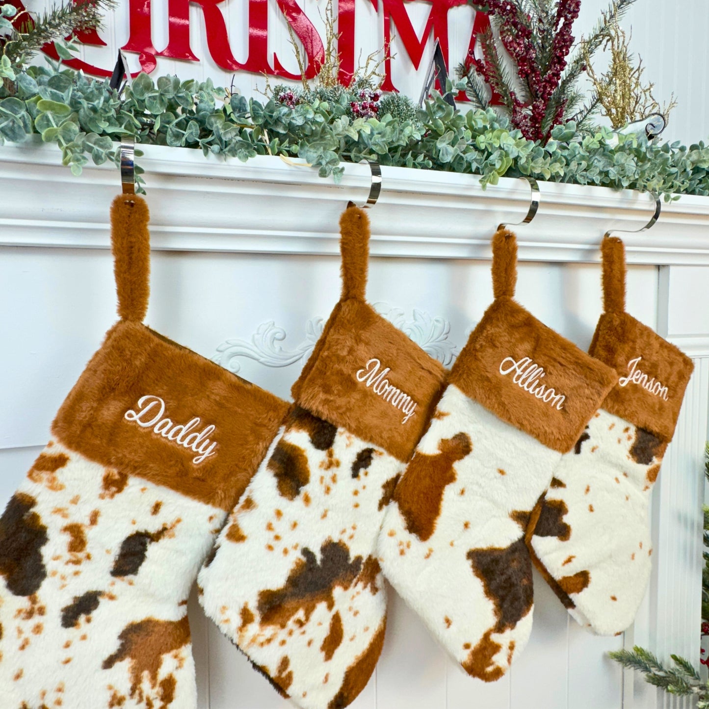 Personalized Embroidered Furry Brown Cow Family Christmas Stocking