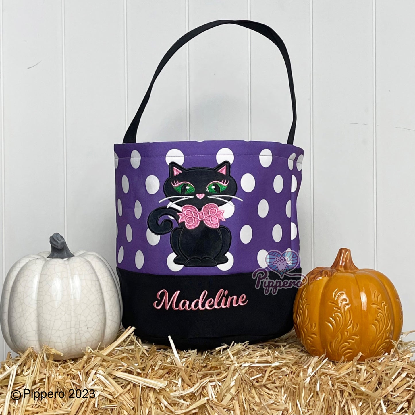 Personalized Custom Embroidered Large Dot Appliqué Character Trick or Treat Halloween Bag Basket Bucket Tote Kid’s Gift for Boy or Girl