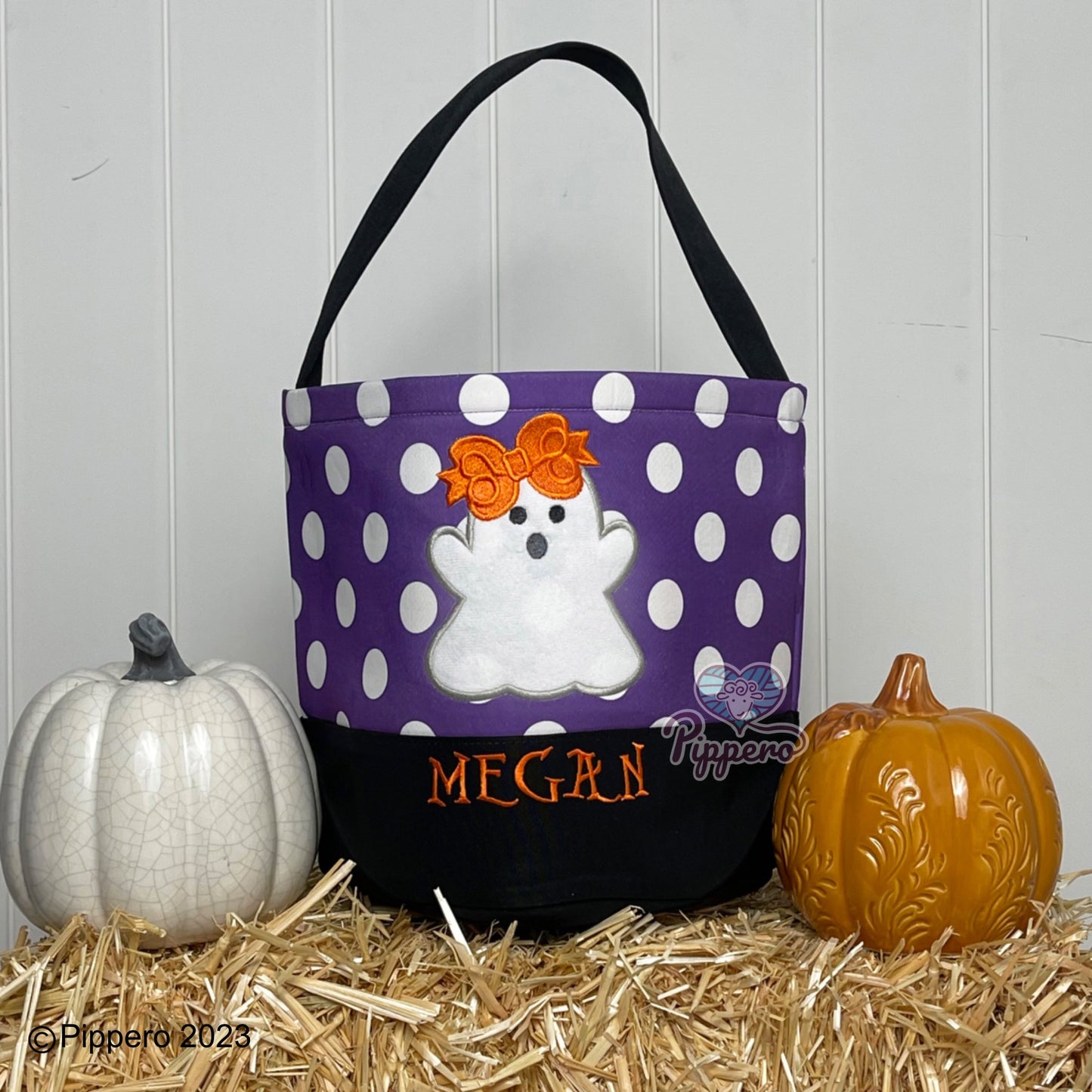 Personalized Custom Embroidered Large Dot Appliqué Character Trick or Treat Halloween Bag Basket Bucket Tote Kid’s Gift for Boy or Girl