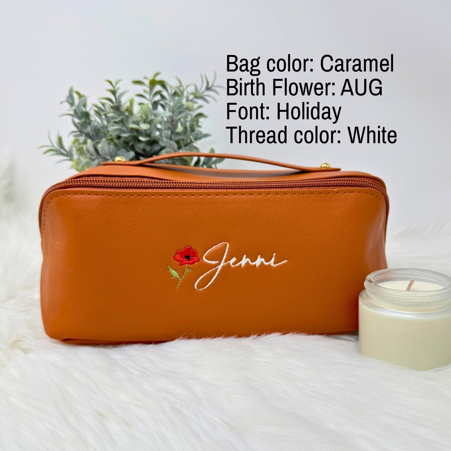 Personalized Vegan Leather Makeup Bag with Embroidered Name and Birth Month Flower