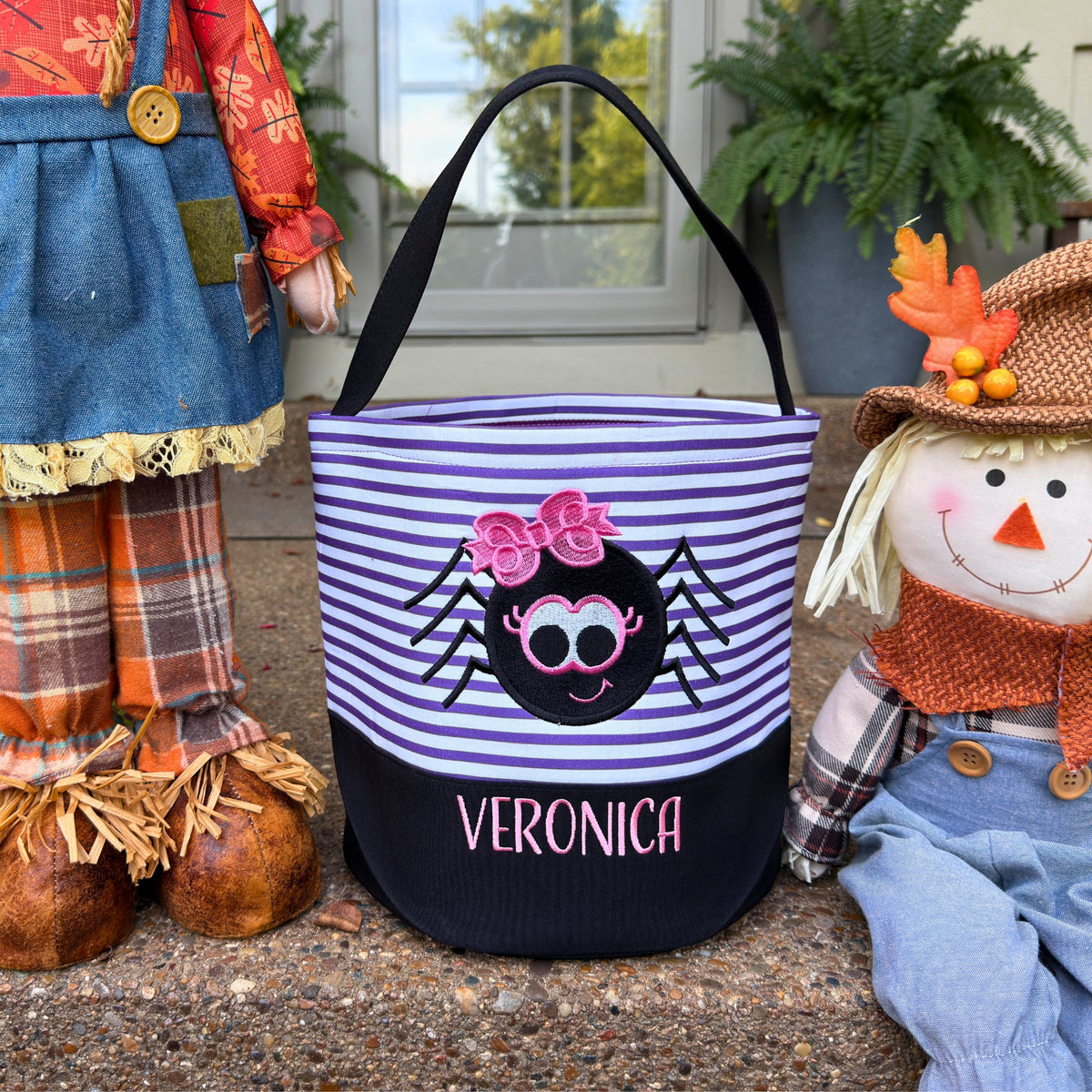 Personalized Embroidered Halloween Treat Basket with Striped Character Designs