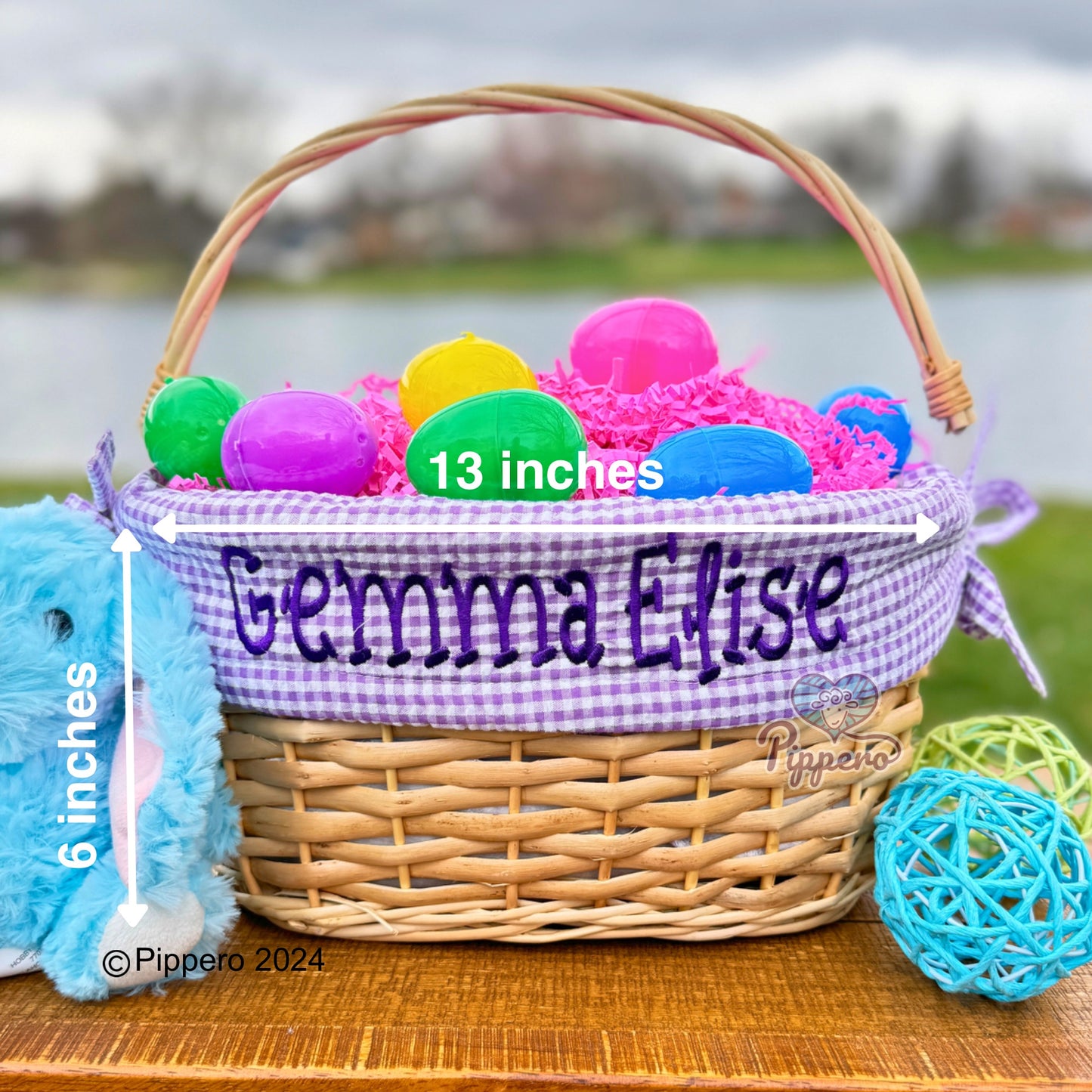 Personalized Embroidered Wicker Easter Candy Egg Basket with Gingham Liner