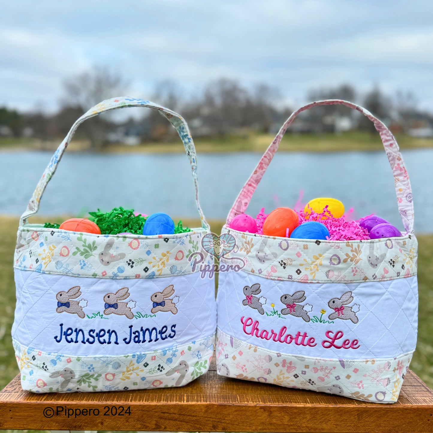 Personalized Custom Embroidered Quilted Bunny Easter Bag Basket Bucket Tote Blue or Pink Three Bunny Bow Design Kid’s Gift for Boy or Girl