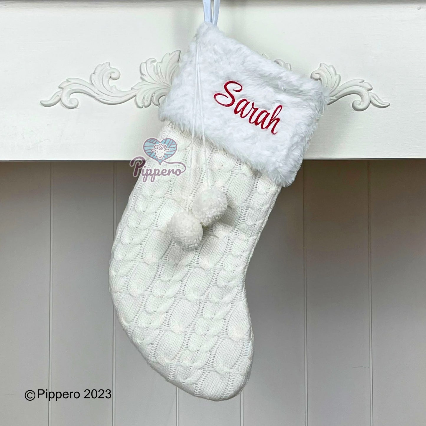 Custom Personalized Embroidered Classic Family Christmas Stockings with Furry Cuff and Poms Red Green White