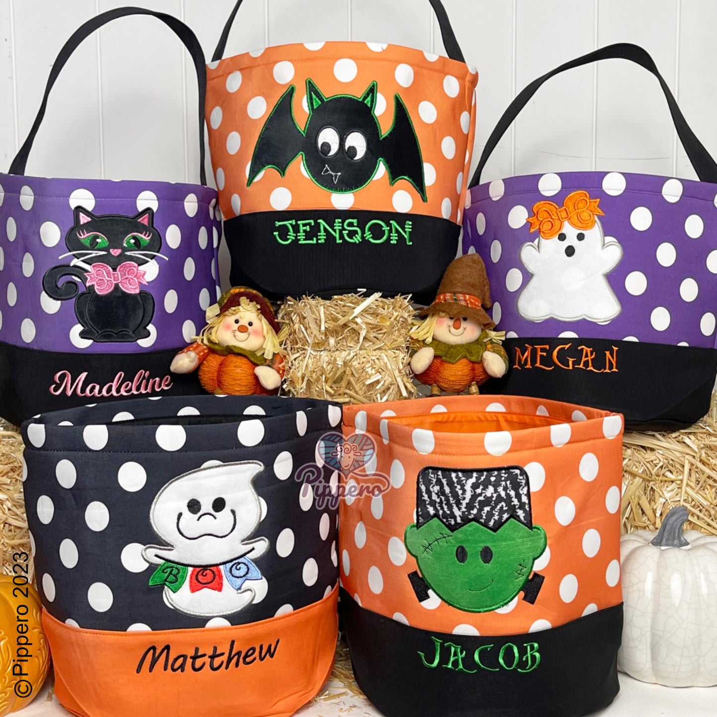 Personalized Custom Embroidered Large Dot Appliqué Character Trick or Treat Halloween Bag Basket Bucket Tote Kid’s Gift for Boy or Girl