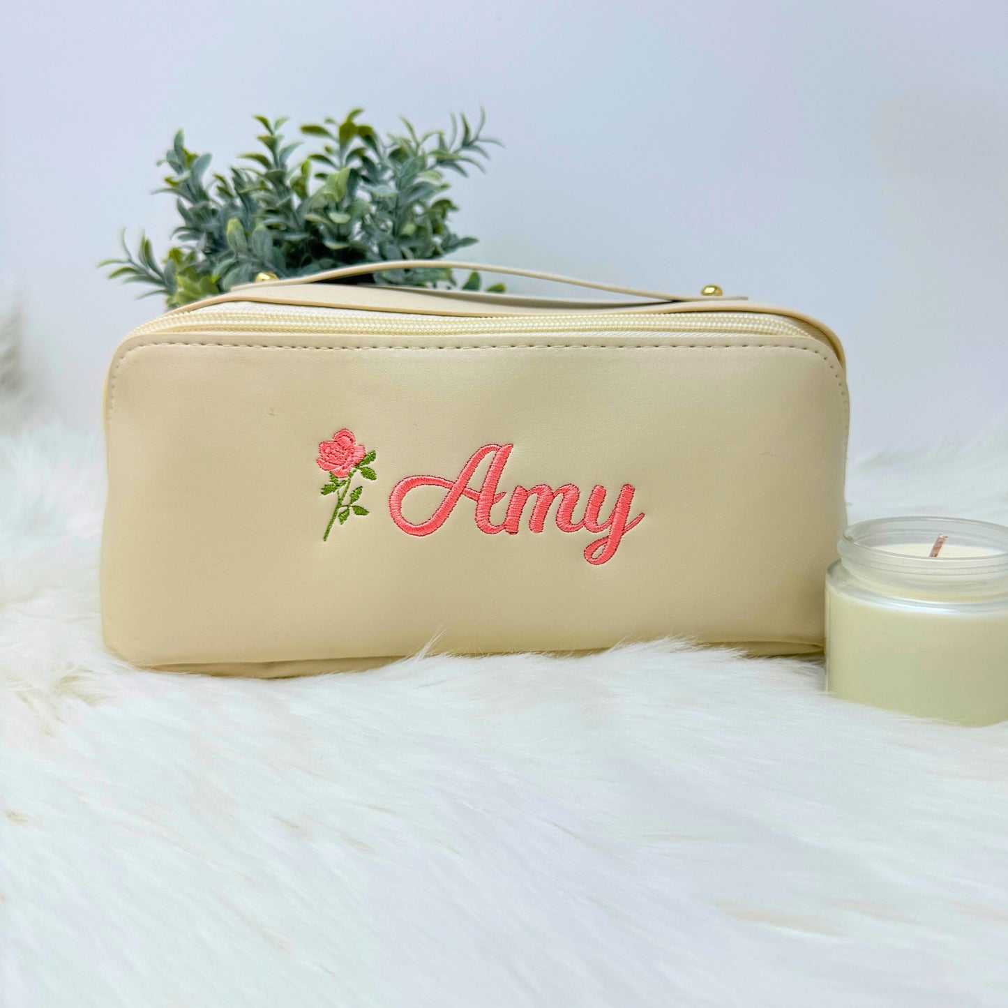 Personalized Vegan Leather Makeup Bag with Embroidered Name and Birth Month Flower