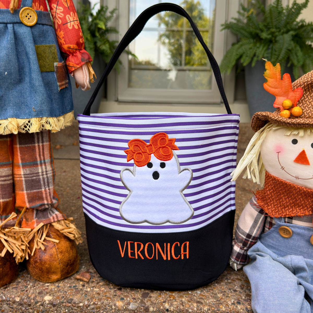 Personalized Embroidered Halloween Treat Basket with Striped Character Designs