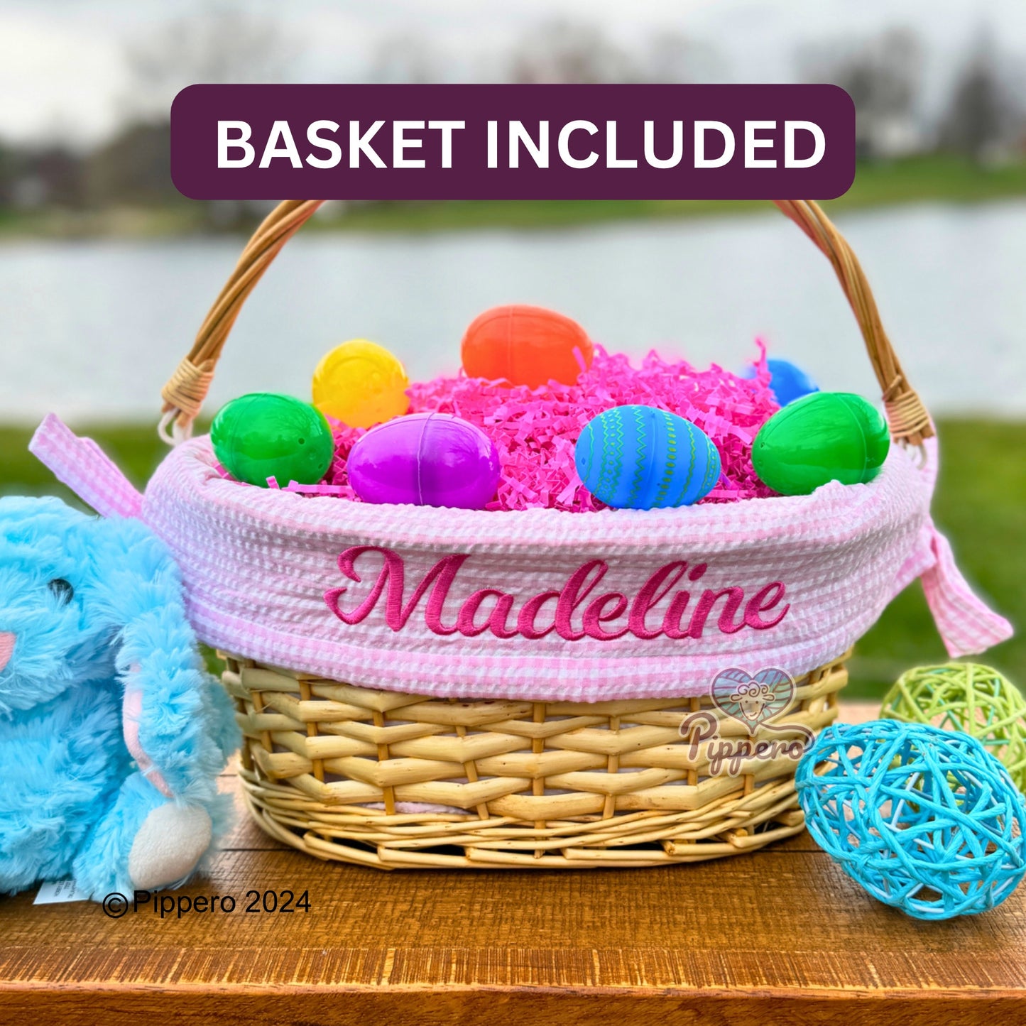 Personalized Embroidered Wicker Easter Candy Egg Basket with Gingham Liner