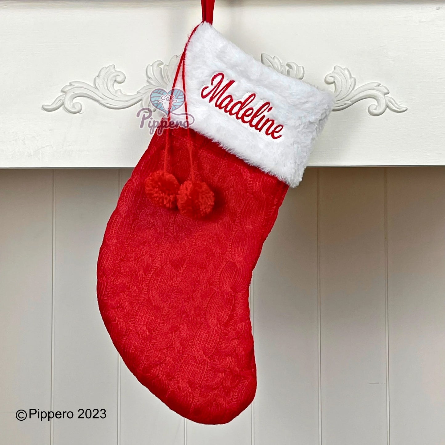 Custom Personalized Embroidered Classic Family Christmas Stockings with Furry Cuff and Poms Red Green White