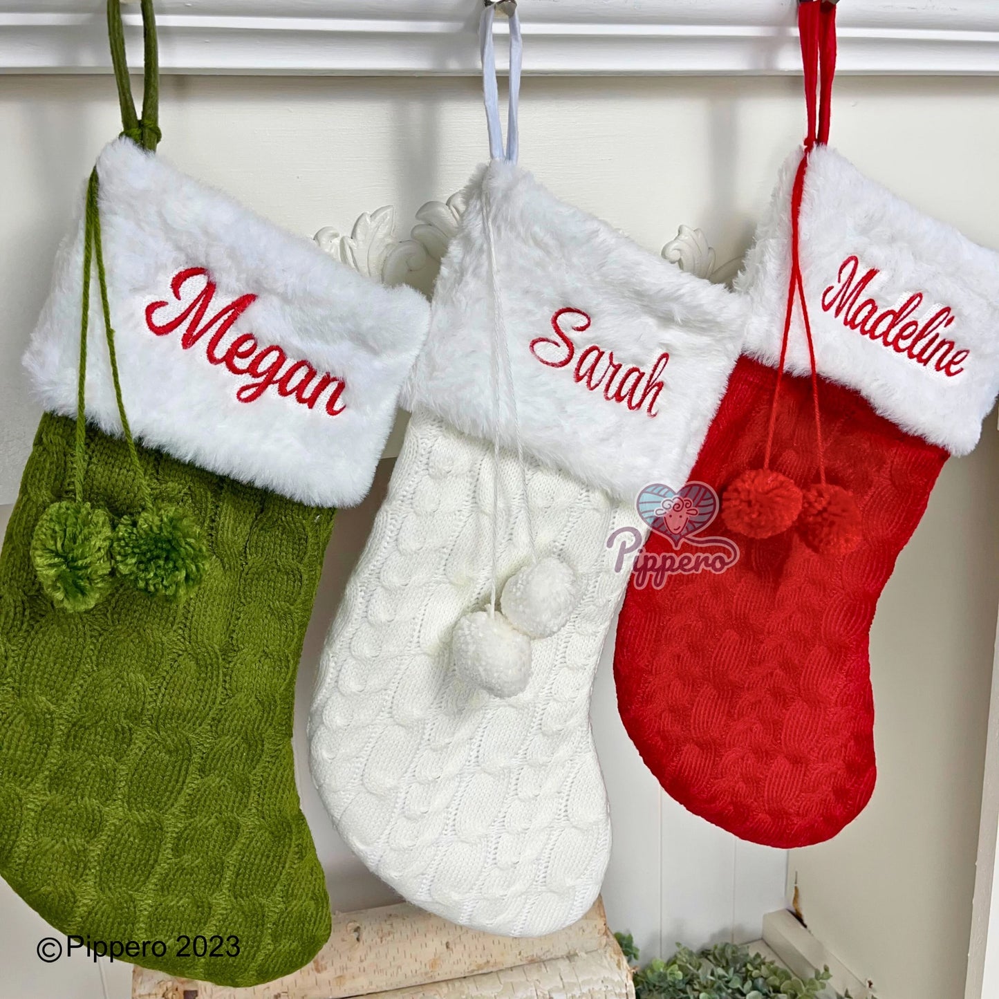 Custom Personalized Embroidered Classic Family Christmas Stockings with Furry Cuff and Poms Red Green White