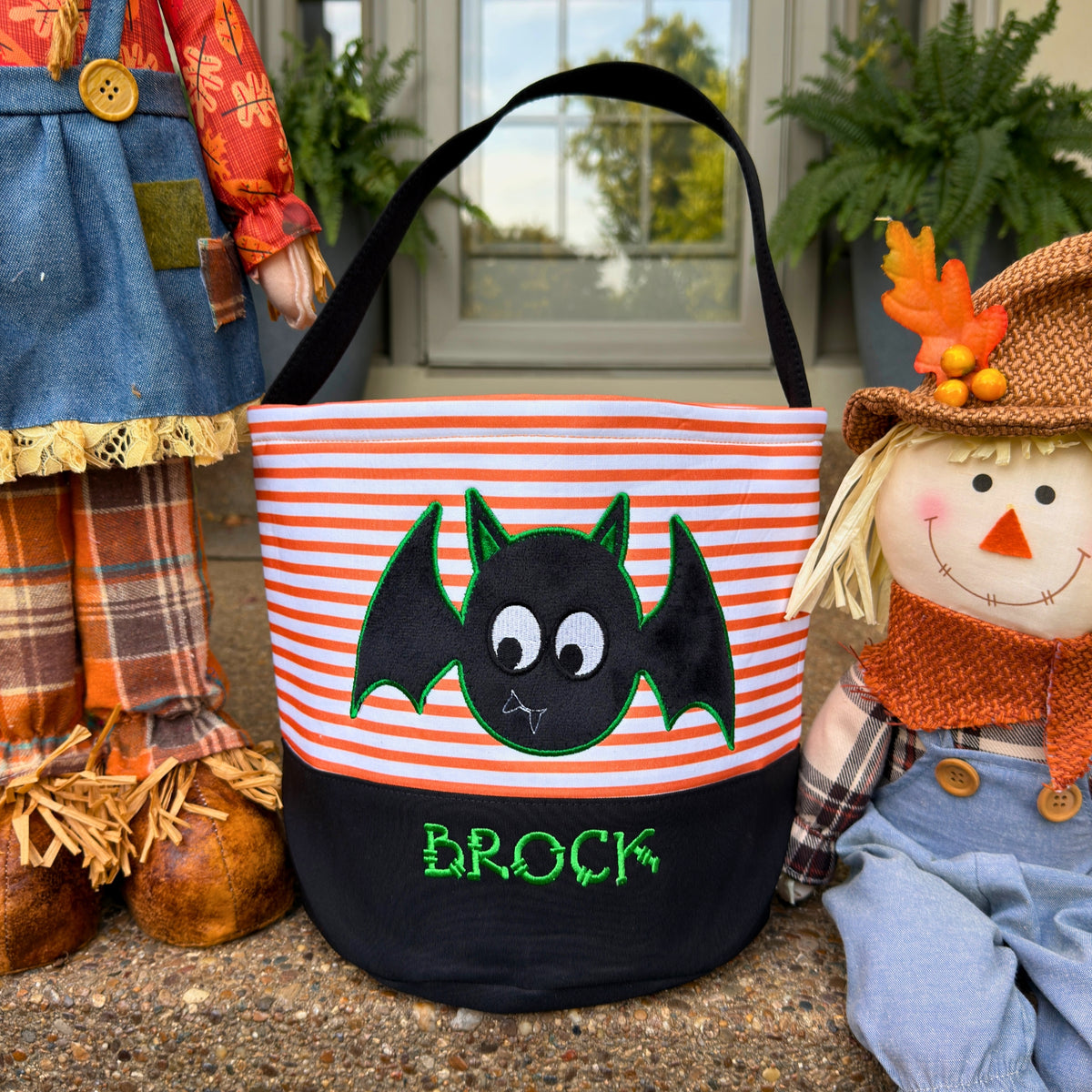 Personalized Embroidered Halloween Treat Basket with Striped Character Designs