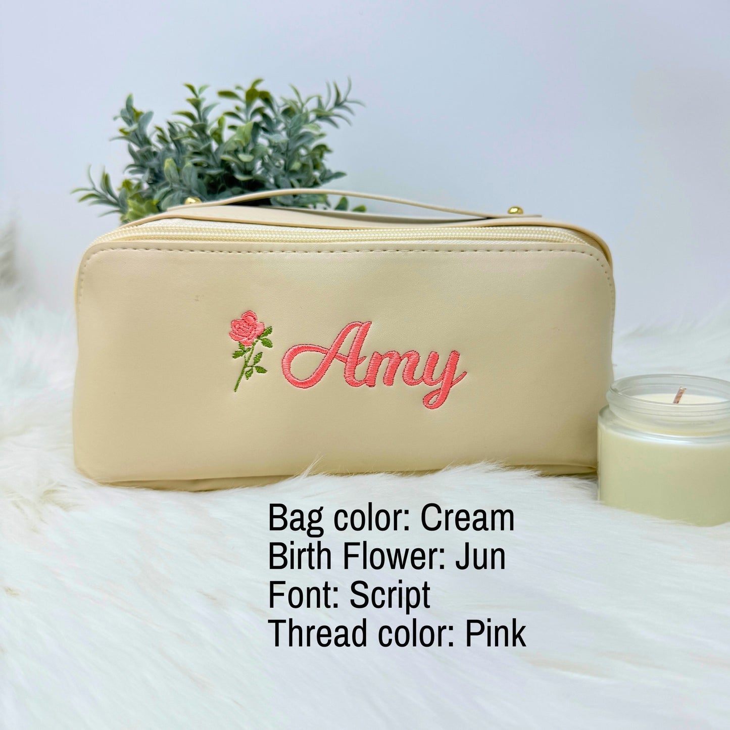 Personalized Vegan Leather Makeup Bag with Embroidered Name and Birth Month Flower