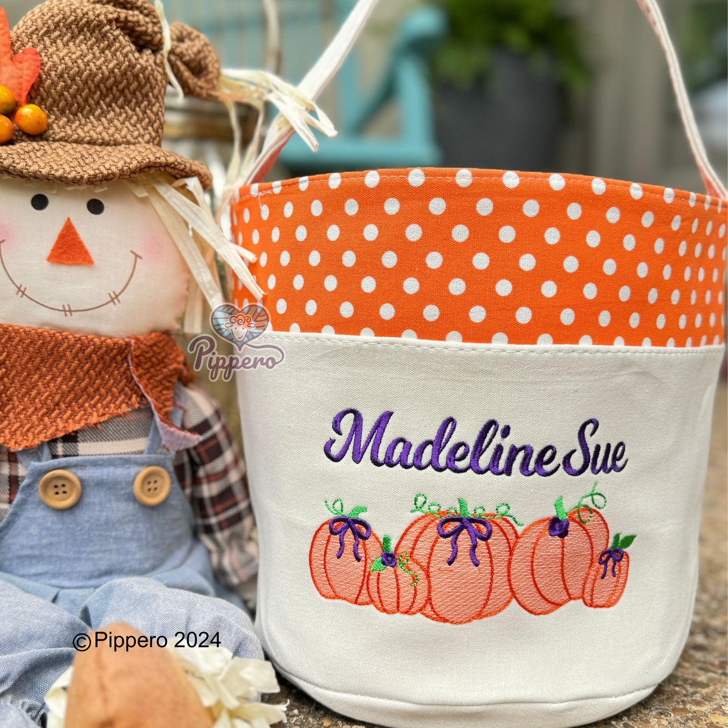 Personalized Custom Embroidered Monogram Halloween Trick or Treat Candy Basket Bucket Bag Tote Pumpkin Trunk or Treat Appropriate Design