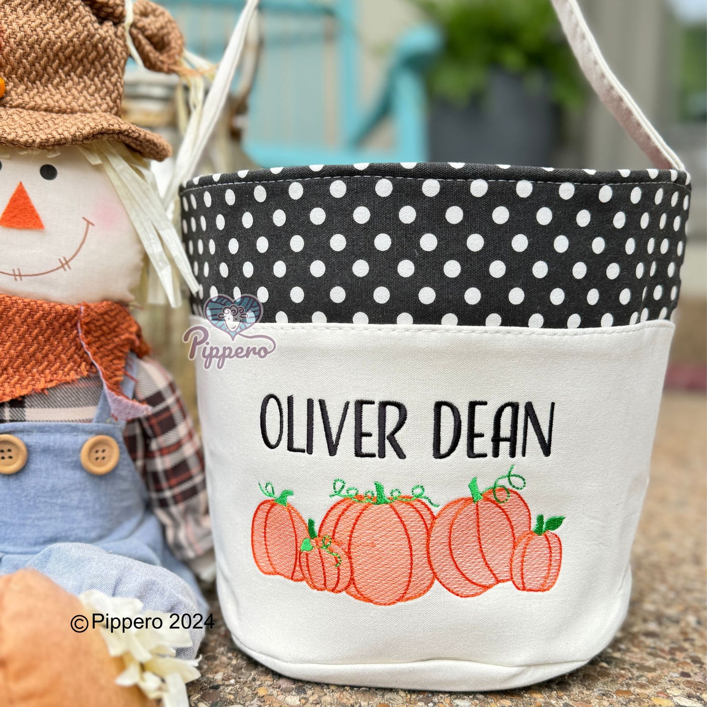 Personalized Custom Embroidered Monogram Halloween Trick or Treat Candy Basket Bucket Bag Tote Pumpkin Trunk or Treat Appropriate Design