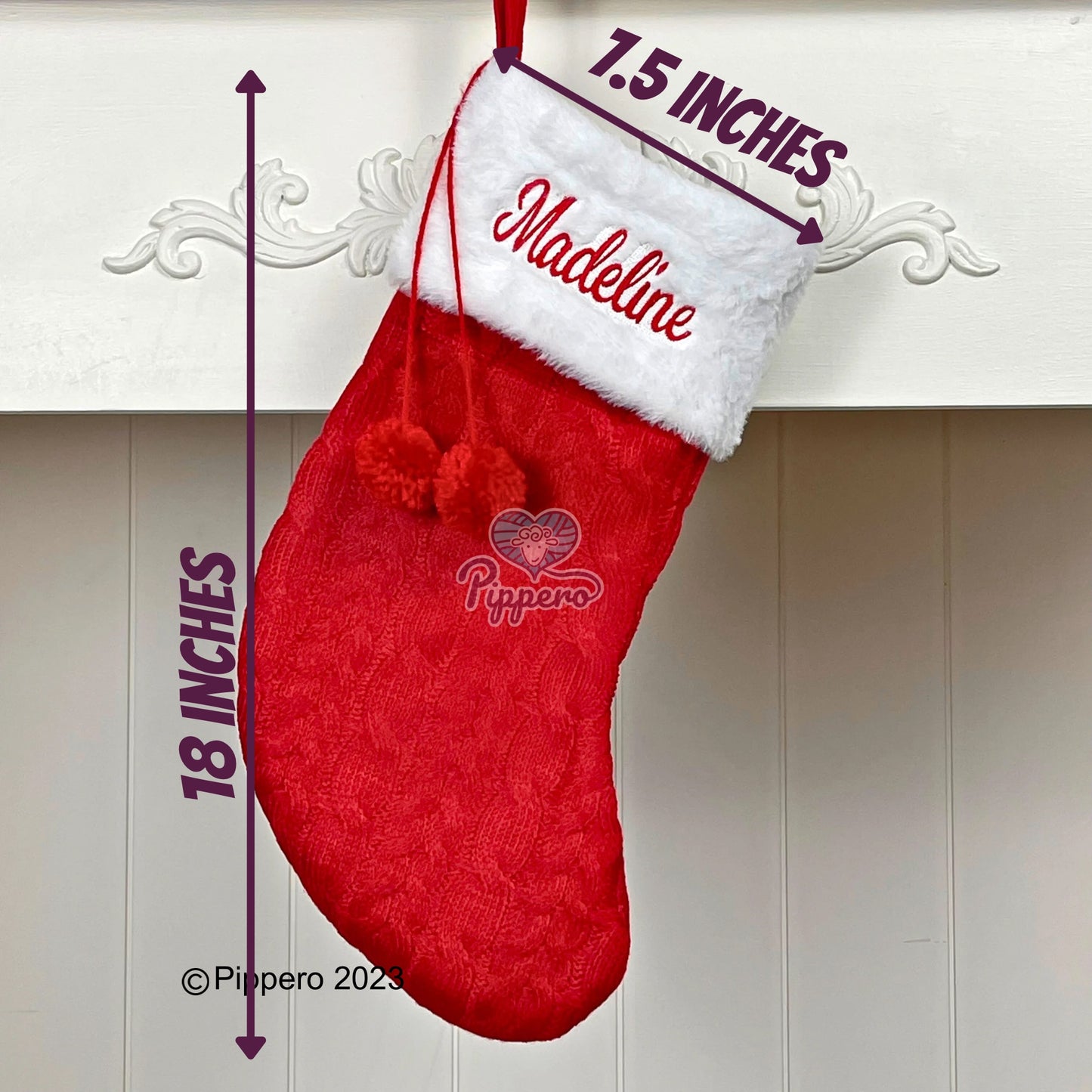 Custom Personalized Embroidered Classic Family Christmas Stockings with Furry Cuff and Poms Red Green White