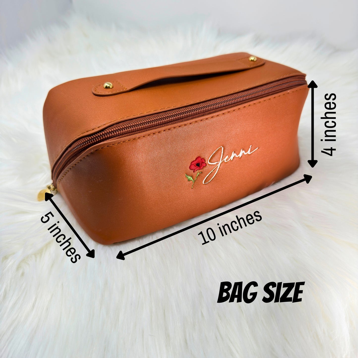 Personalized Vegan Leather Makeup Bag with Embroidered Name and Birth Month Flower
